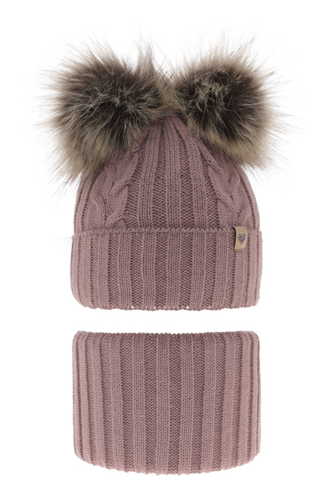 Czapka i komin dla dziewczynki zimowy komplet, wrzosowy, z dwoma pomponami Amala