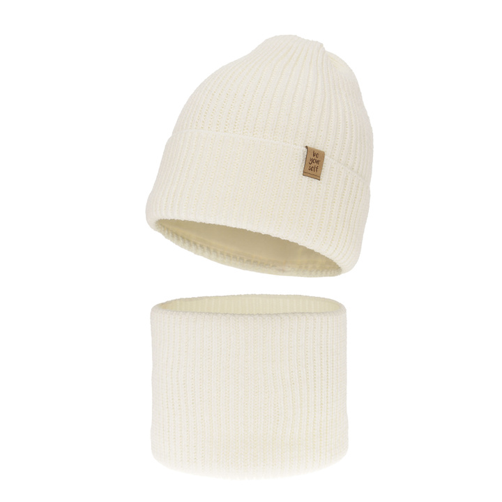 Czapka i komin dla dziewczynki zimowy komplet, kremowy Edera