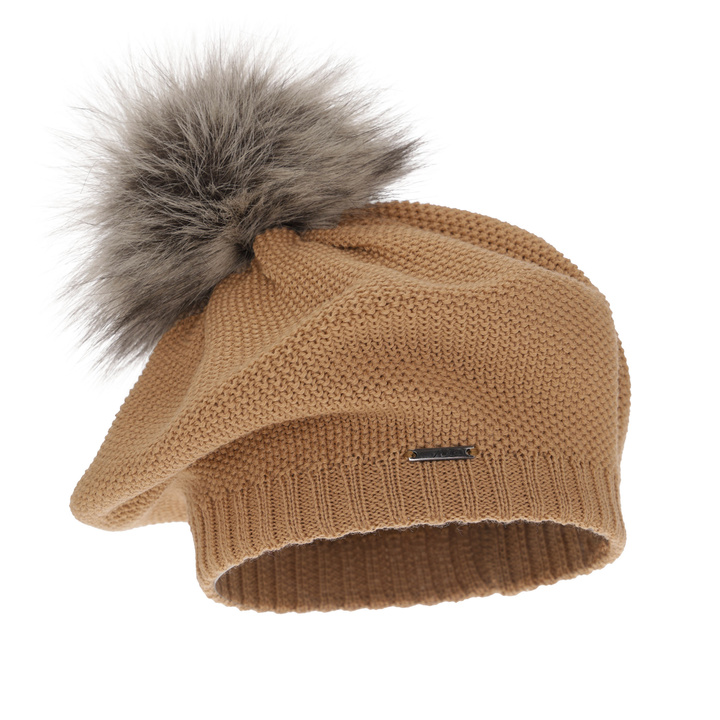 Beret damski zimowy, camel, z wełną merino Bonnie