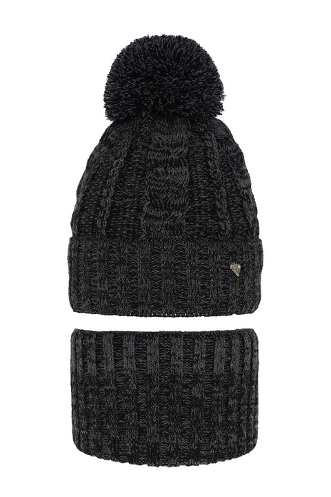 Czapka i komin dla dziewczynki zimowy komplet, ciemnoszary, z pomponem Maroko