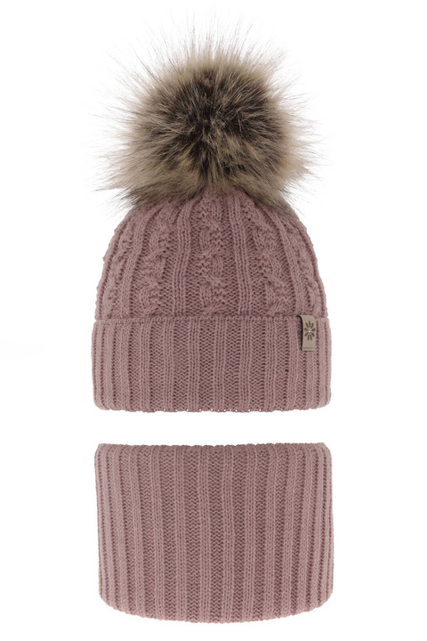 Czapka i komin dla dziewczynki zimowy komplet, wrzosowy, z pomponem Pretoria