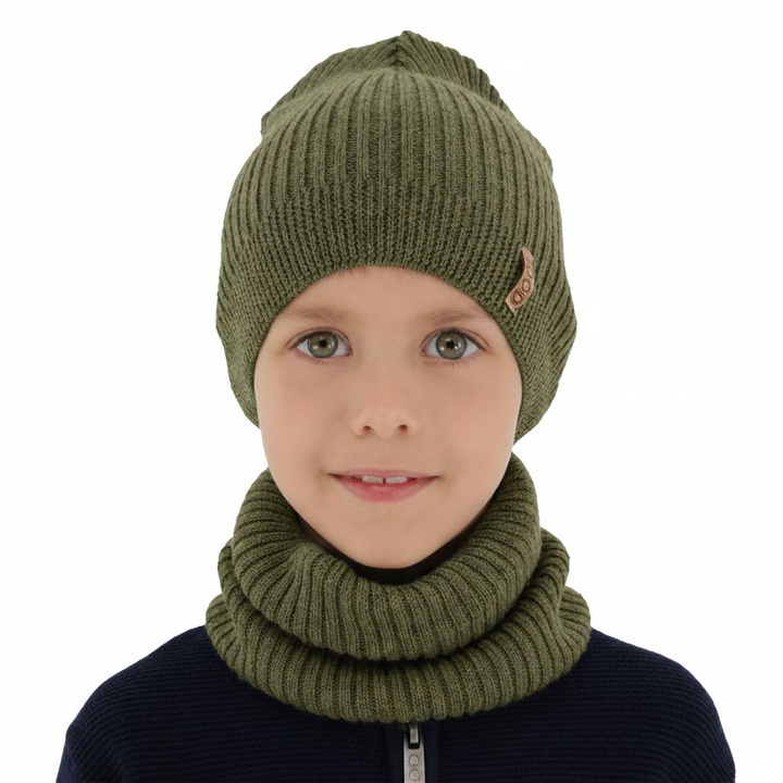 Czapka i komin dla chłopca jesienny, wiosenny komplet, khaki, 100% wełniany merino Chester