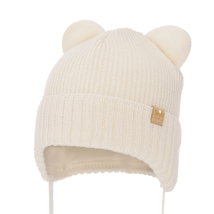 Czapka zimowa dla dziewczynki, kremowa, wiązana, z wełną merino Shira