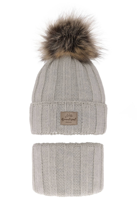 Czapka i komin dla dziewczynki zimowy komplet, szary, z pomponem Kaliope