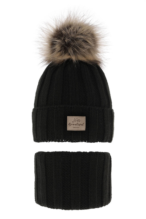 Czapka i komin dla dziewczynki zimowy komplet, czarny, z pomponem Kaliope
