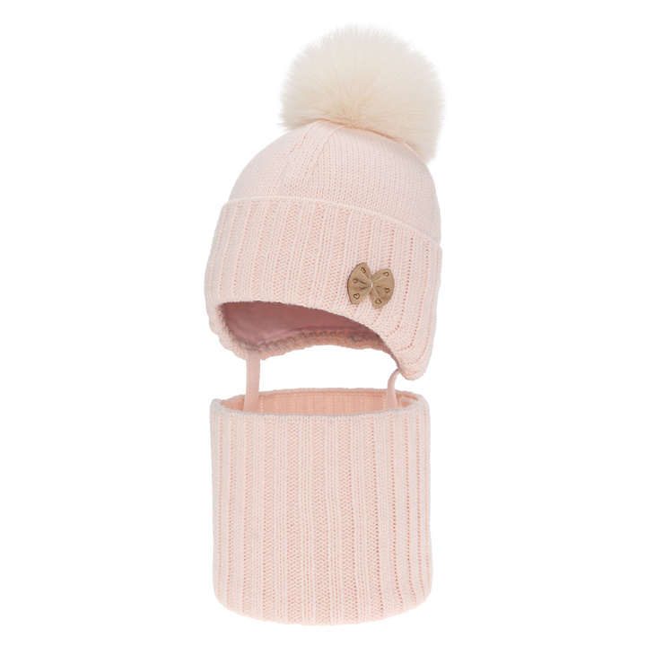 Czapka i komin dla dziewczynki, zimowy komplet jasnoróżowy z pomponem Talena