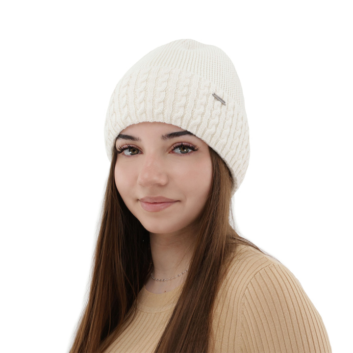 Czapka zimowa damska, kremowa, z wełną merino Febe