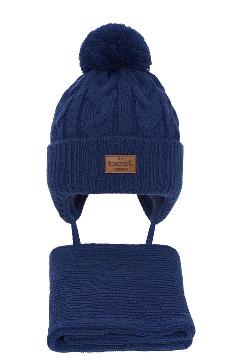 Czapka i szalik dla chłopca zimowy komplet, niebieski, z pomponem, wiązany Remix