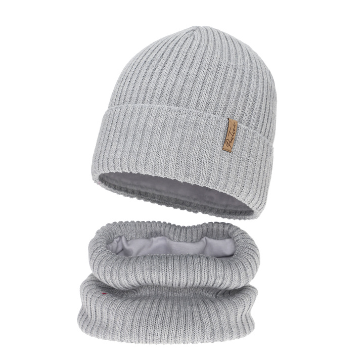 Czapka i komin podszyty bawełną dla dziewczynki zimowy komplet, szary, z wełną merino, Odette