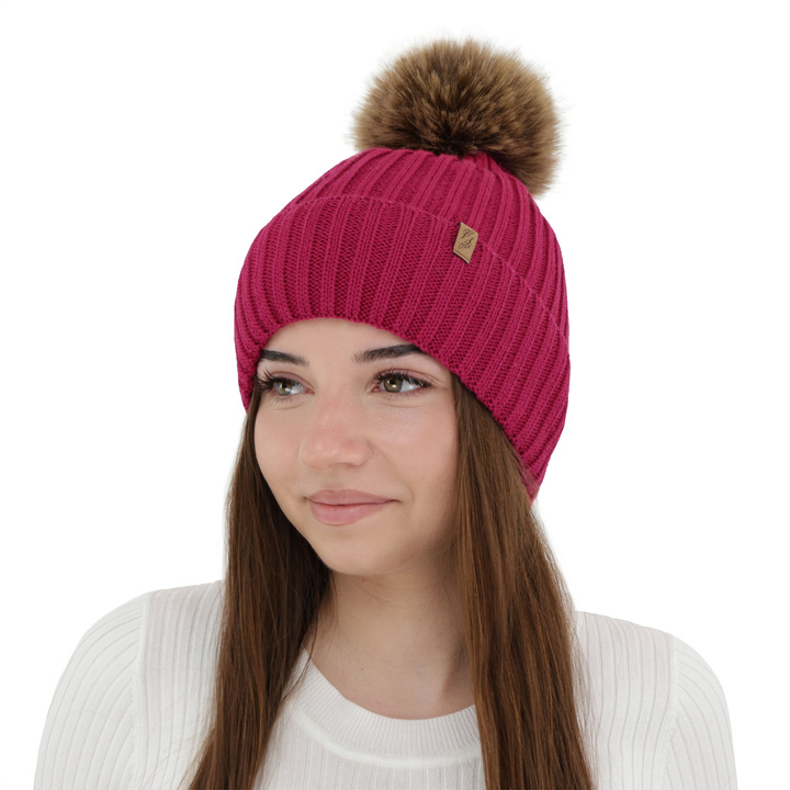 Czapka zimowa damska, amarantowa, z wełną merino, Zamira