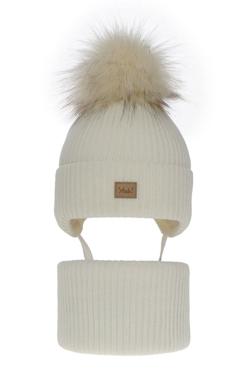 Czapka i komin dla dziewczynki zimowy komplet, kremowy, z pomponem Dilajla