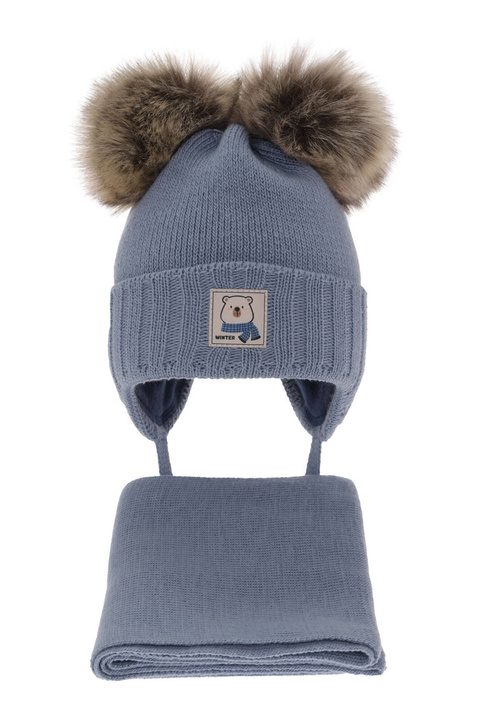 Czapka i szalik dla chłopca zimowy komplet, niebieski, z dwoma pomponami, wiązany Jewel