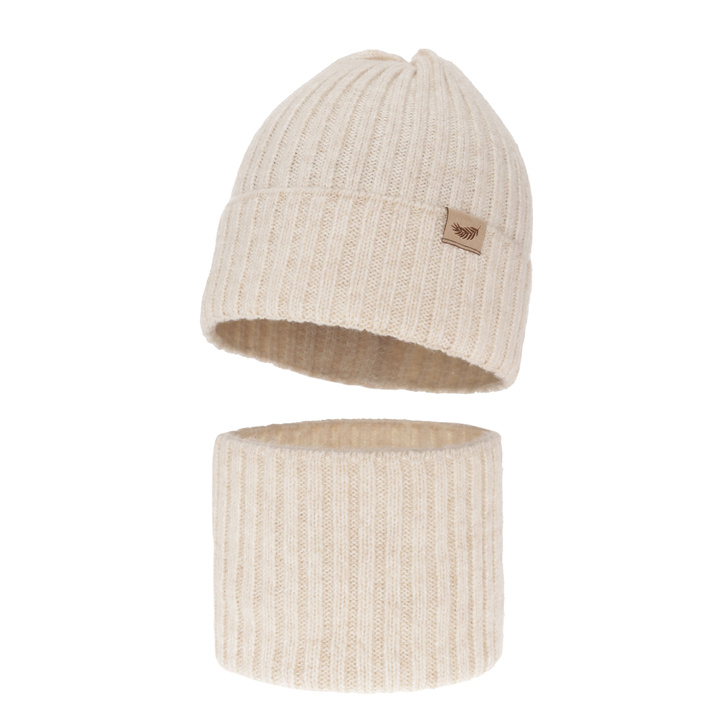 Czapka i komin dla dziewczynki zimowy komplet, jasnobeżowy, z wełną merino Karmina