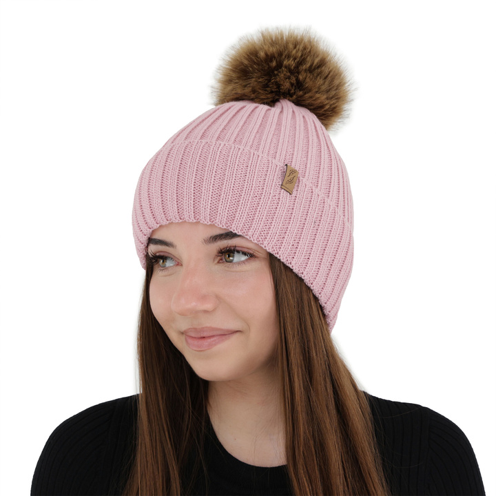 Czapka zimowa damska, różowa, z wełną merino, Zamira