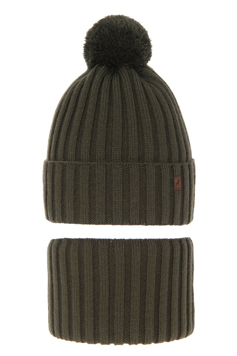 Czapka i komin dla chłopca zimowy komplet, khaki, z pomponem Wiliam