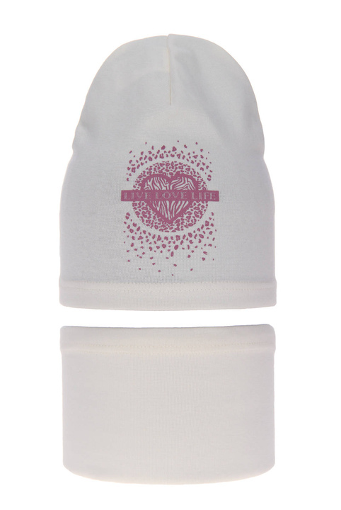 Czapka i komin dla dziewczynki jesienny, wiosenny komplet, kremowy, bawełniany Esmeralda