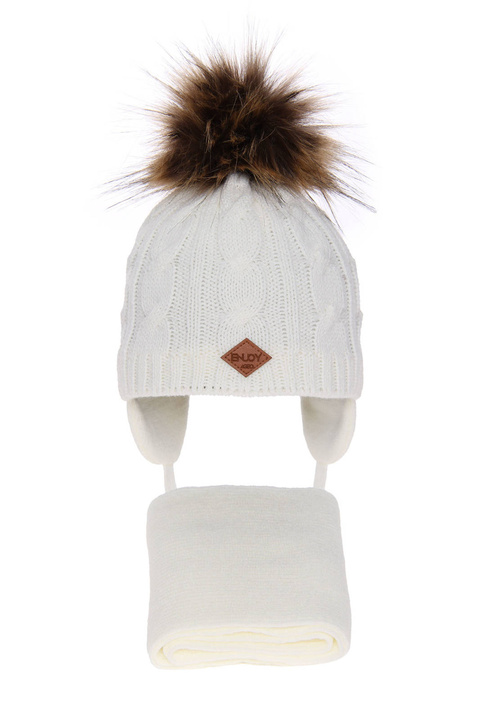 Czapka i szalik dla chłopca zimowy komplet, kremowy, z pomponem, wiązany Minor