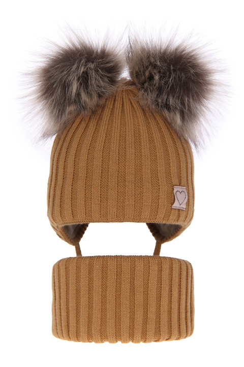 Czapka i komin dla dziewczynki zimowy komplet, camel, z dwoma pomponami, wiązana Telisa