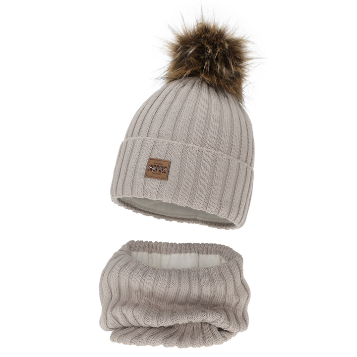 Czapka i komin dla dziewczynki zimowy komplet, beżowy, podszyty polarem, z wełną merino Bellina