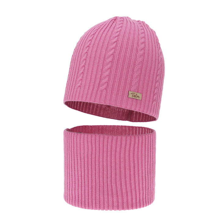 Czapka i komin dla dziewczynki jesienny, wiosenny komplet, z bawełną, różowy Ordesa