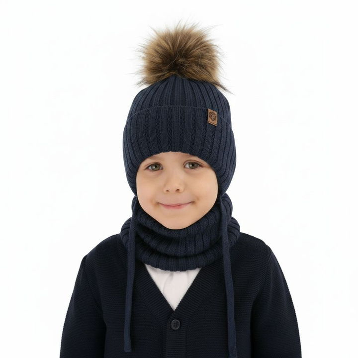 Czapka i komin dla chłopca zimowy komplet, niebieski, wiązany, 100% wełniany merino Juno