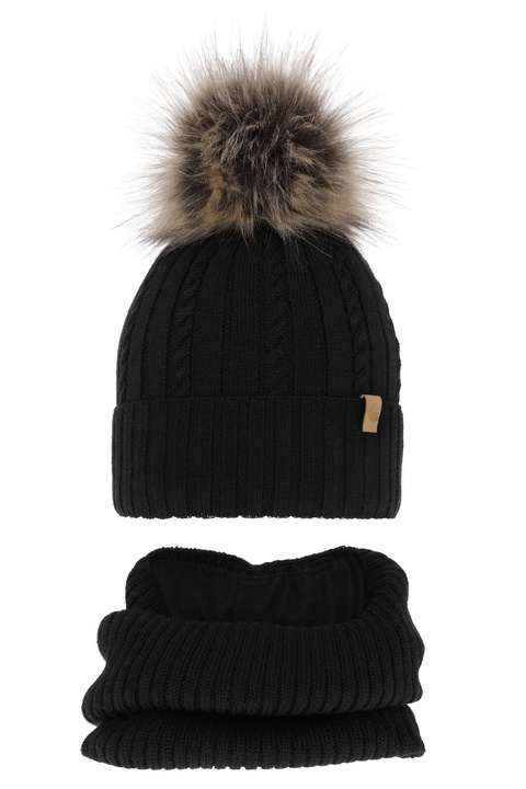 Czapka i komin dla dziewczynki zimowy komplet, czarny, wełniany merino Mirabel