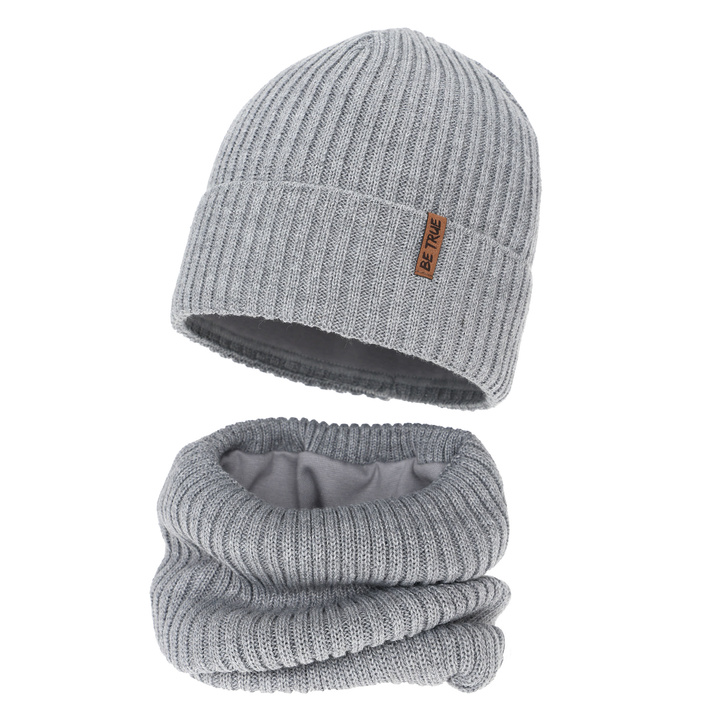 Czapka i komin podszyty bawełną dla chłopca zimowy komplet, jasnoszary, z wełną merino, Colton