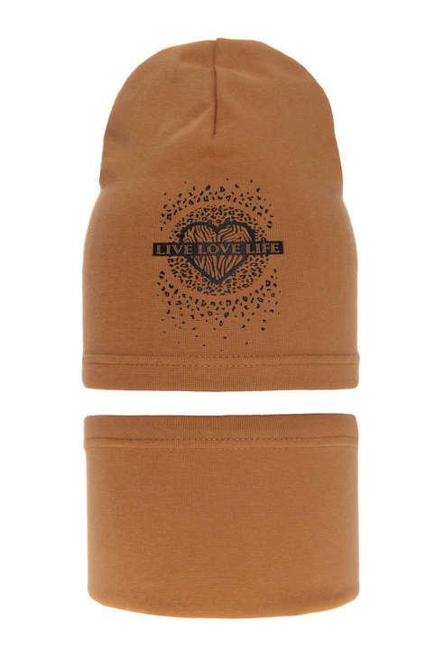 Czapka i komin dla dziewczynki jesienny, wiosenny komplet, camel, bawełniany Esmeralda