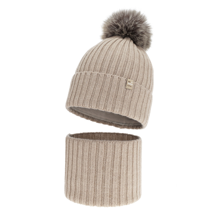 Czapka i komin dla dziewczynki zimowy komplet, 100% wełniany merino, podszyty bawełną, z pomponem, beżowy, Terida