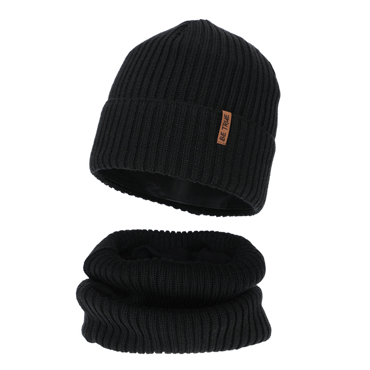 Czapka i komin podszyty bawełną dla chłopca zimowy komplet, czarny, z wełną merino, Colton