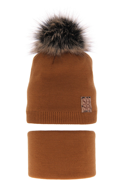 Czapka i komin dla dziewczynki zimowy komplet, camelowy, z pomponem Apolinka