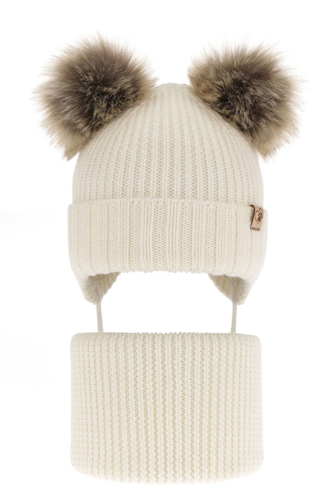 Czapka i komin dla dziewczynki zimowy komplet, kremowy, 100% wełniana merino, wiązany, z dwoma pomponami Silvia