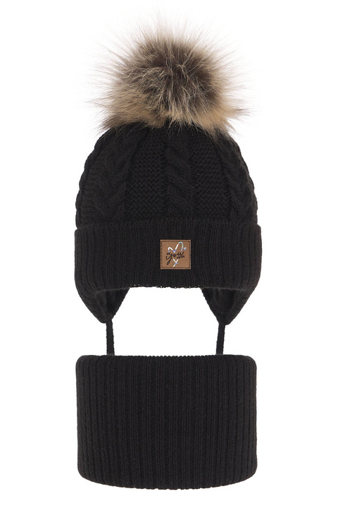 Czapka i komin dla dziewczynki zimowy komplet, czarny, z pomponem, wiązany Finess