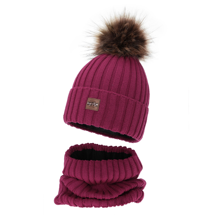 Czapka i komin dla dziewczynki zimowy komplet, amarantowy, podszyty polarem, z wełną merino Bellina