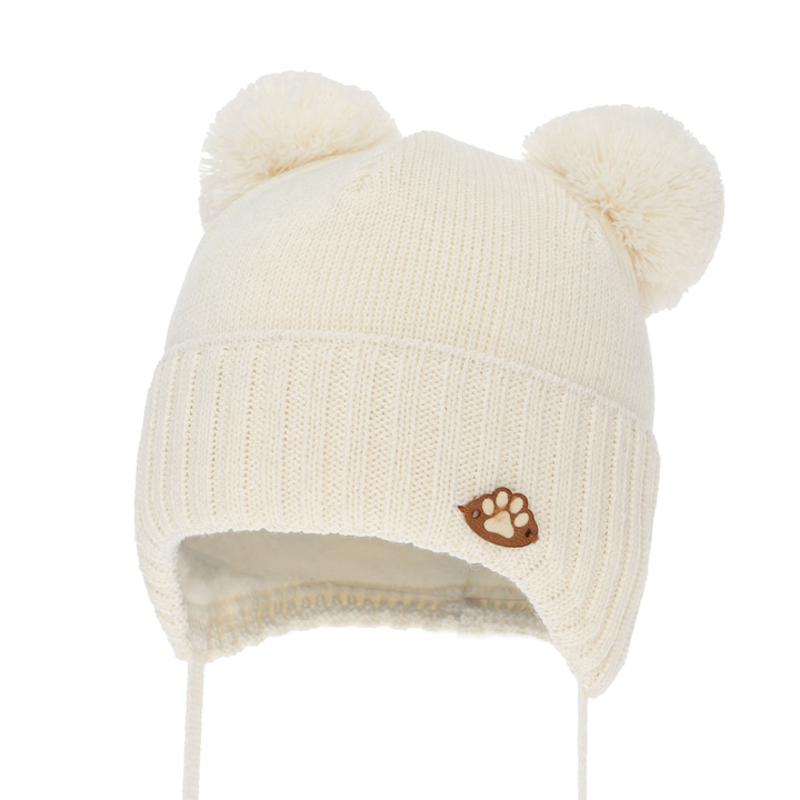 Czapka zimowa dla chłopca wiązana, z wełną merino, kremowa Rimini