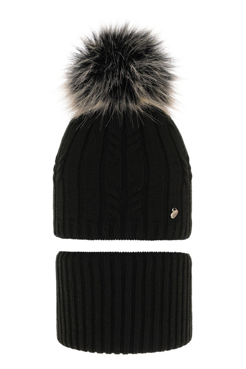 Czapka i komin dla dziewczynki zimowy komplet, czarny, z pomponem Amaltea