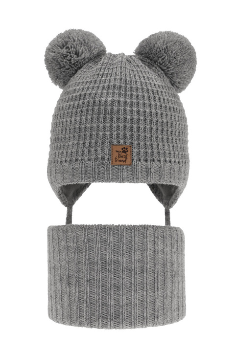 Czapka i komin dla chłopca zimowy komplet, szary, z dwoma pomponami, wiązany Krispi
