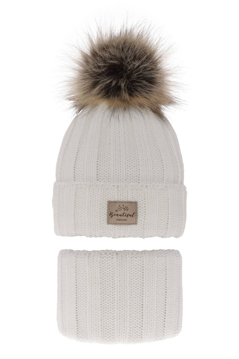Czapka i komin dla dziewczynki zimowy komplet, biały, z pomponem Kaliope