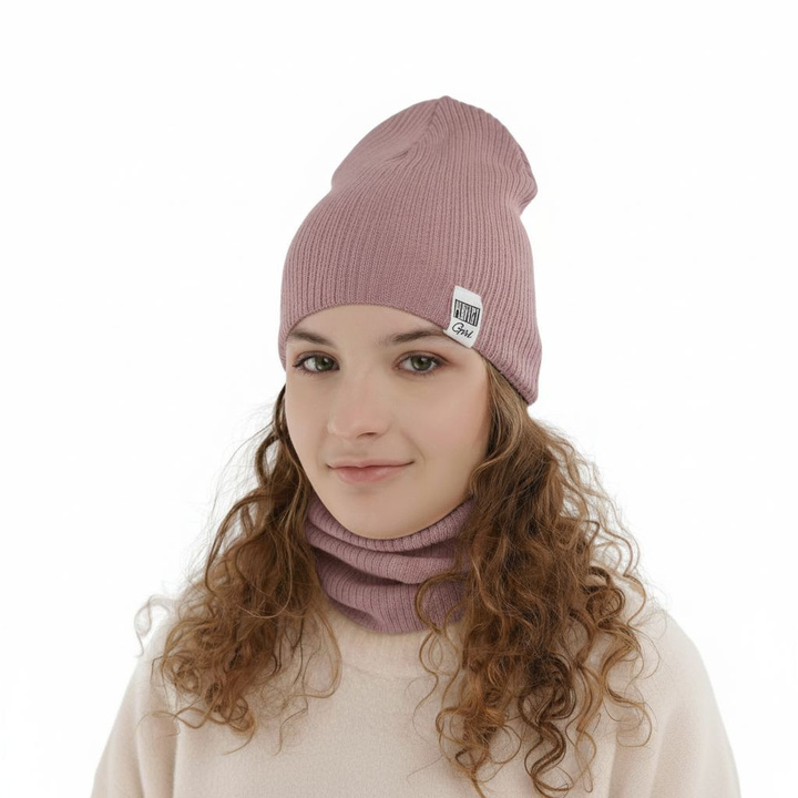 Czapka i komin dla dziewczynki jesienny, wiosenny komplet, z bawełną, wrzosowy Farinka