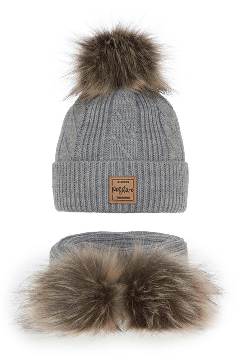 Czapka i szalik dla dziewczynki zimowy komplet, szary, z dwoma pomponami Gabriela