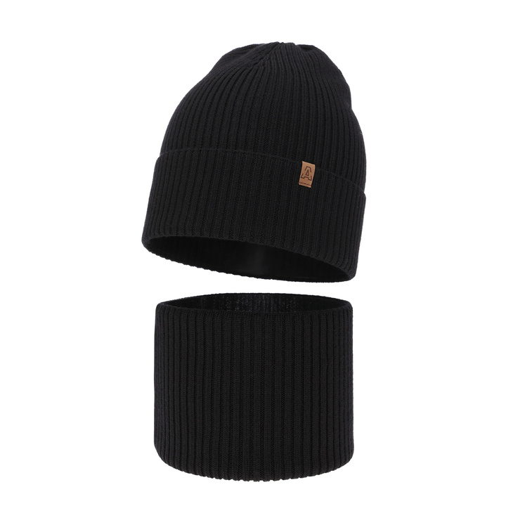 Czapka i komin dla chłopca jesienny, wiosenny komplet, czarny, 100% wełniany merino Lemas