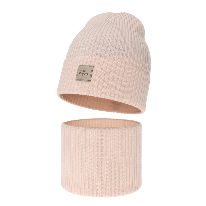 Czapka i komin dla dziewczynki, jesienny, wiosenny komplet, jasnoróżowy, 100% wełniany merino, Vanita