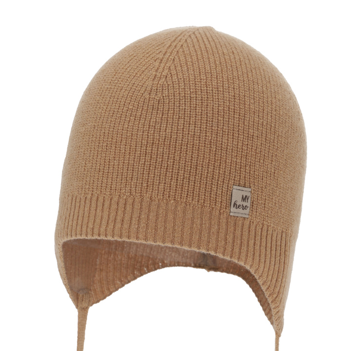 Czapka jesienna, wiosenna dla chłopca, camel, wełna merino z kaszmirem, wiązana Tono