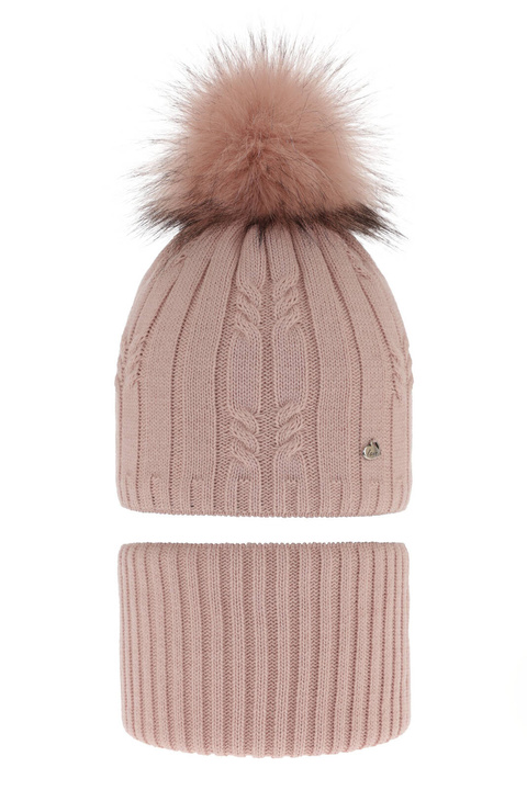 Czapka i komin dla dziewczynki zimowy komplet, różowy, z pomponem Amaltea