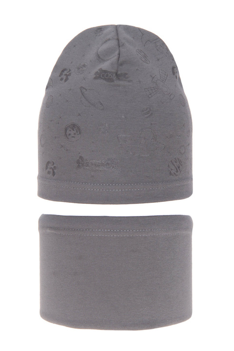 Czapka i komin dla chłopca jesienny, wiosenny komplet, szary, bawełniany Kosmos