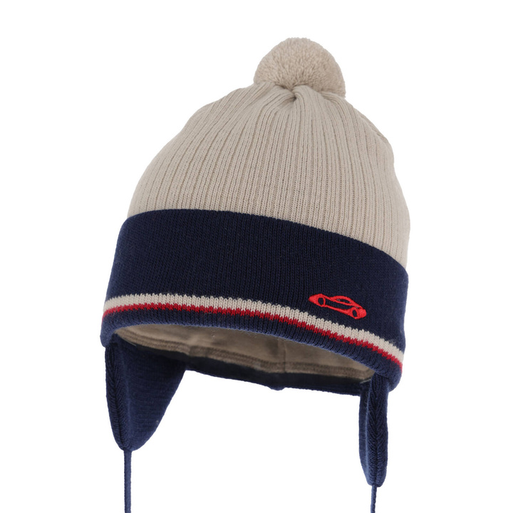 Czapka jesienna, wiosenna dla chłopca, beżowa, wiązana, z pomponem Jacob