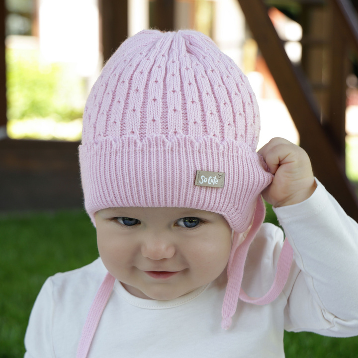 Czapka jesienna, wiosenna dla dziewczynki, liliowa, wiązana Tema