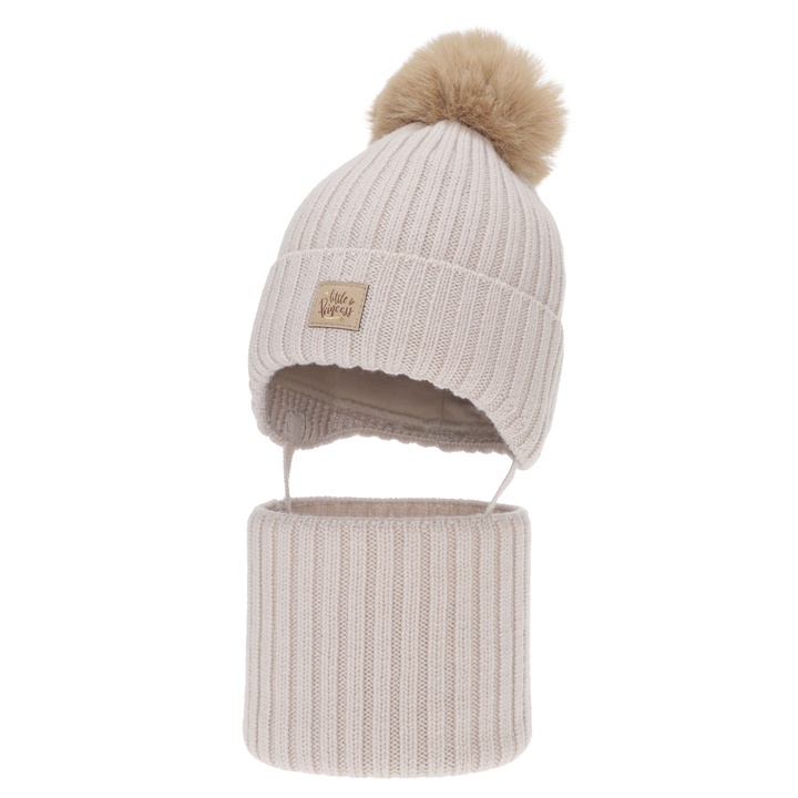 Czapka i komin dla dziewczynki, zimowy komplet, beżowy, 100% wełniany merino, wiązany, podszyty bawełną, Malesia