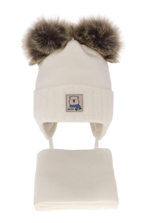 Czapka i szalik dla chłopca zimowy komplet, kremowy, z dwoma pomponami, wiązany Jewel