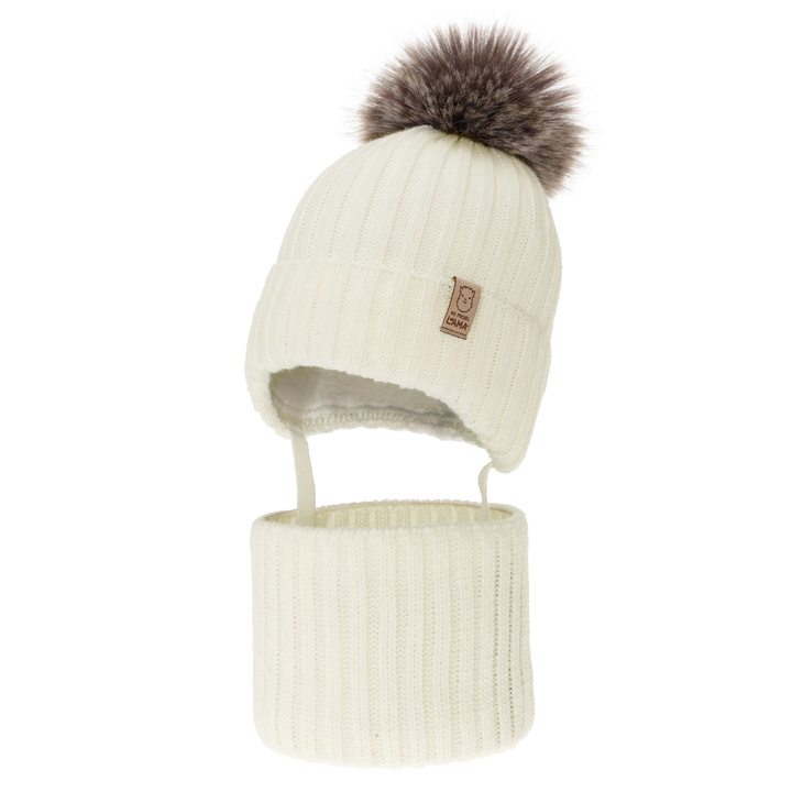 Czapka i komin dla dziewczynki, zimowy komplet, kremowy, z pomponem Abigail
